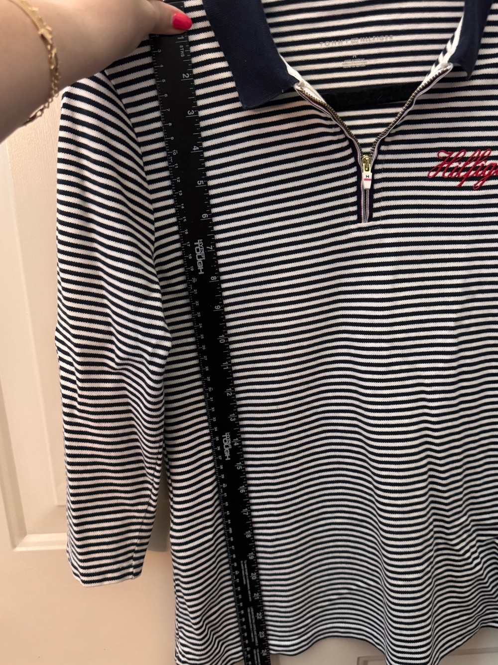 Tommy Hilfiger Women’s Striped Quarter Zip Polo Top Navy White 3/4 Sleeve Medium - Picture 8 of 11